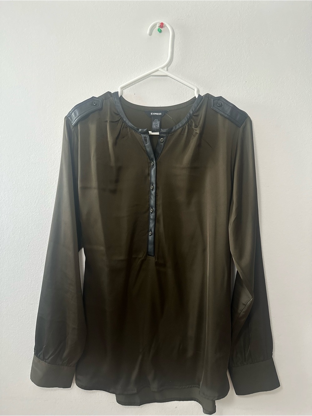 Express Olive Green Satin Henley Blouse with Faux-Leather Trim